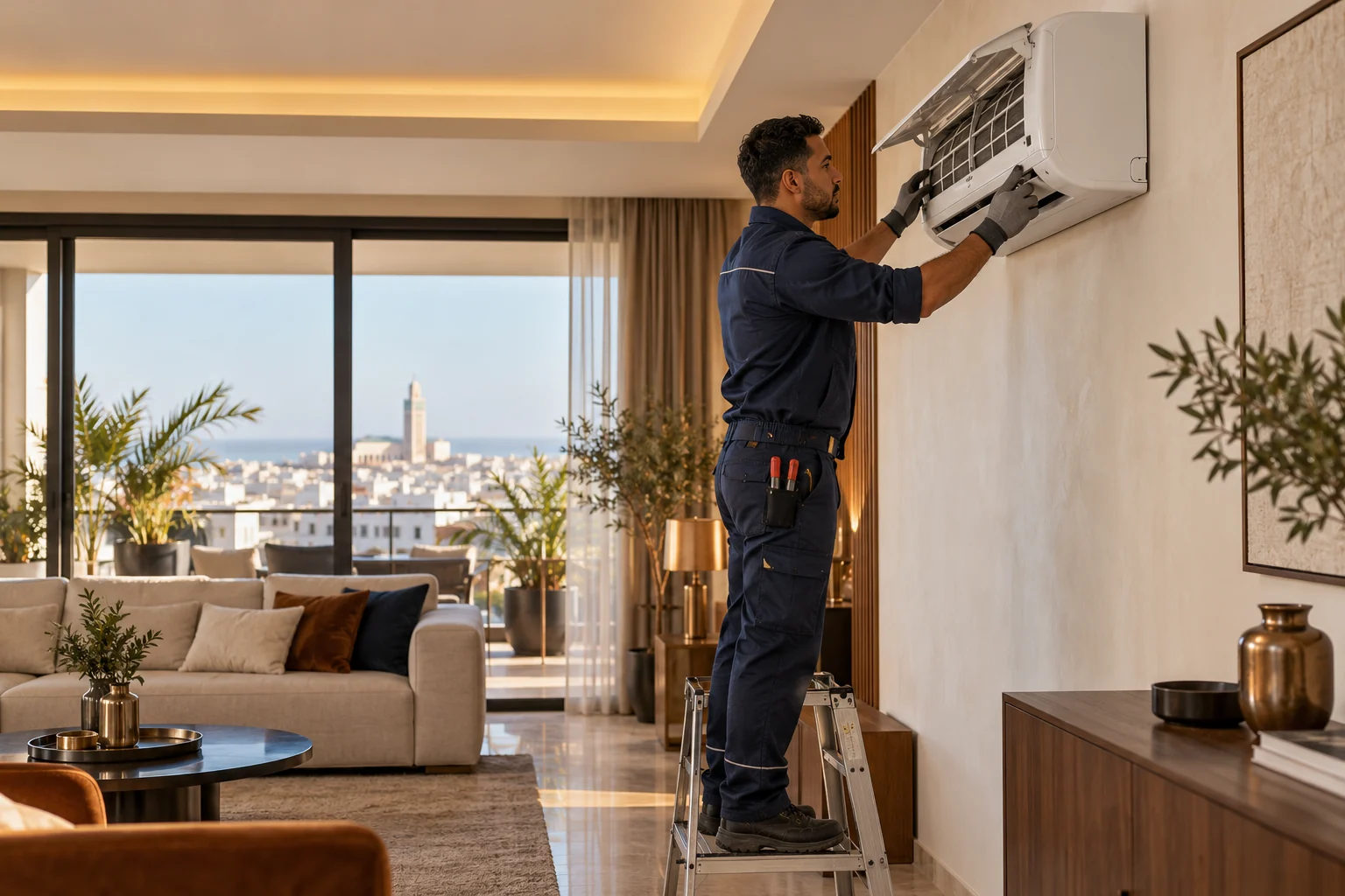 Allo 212 – installateur de climatisation intérieure à Casablanca : pose d'un climatiseur mural dans un salon